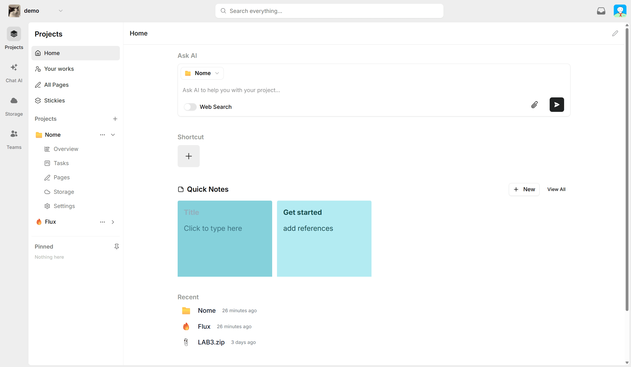 Flux workspace showing project dashboard with kanban board and document editor